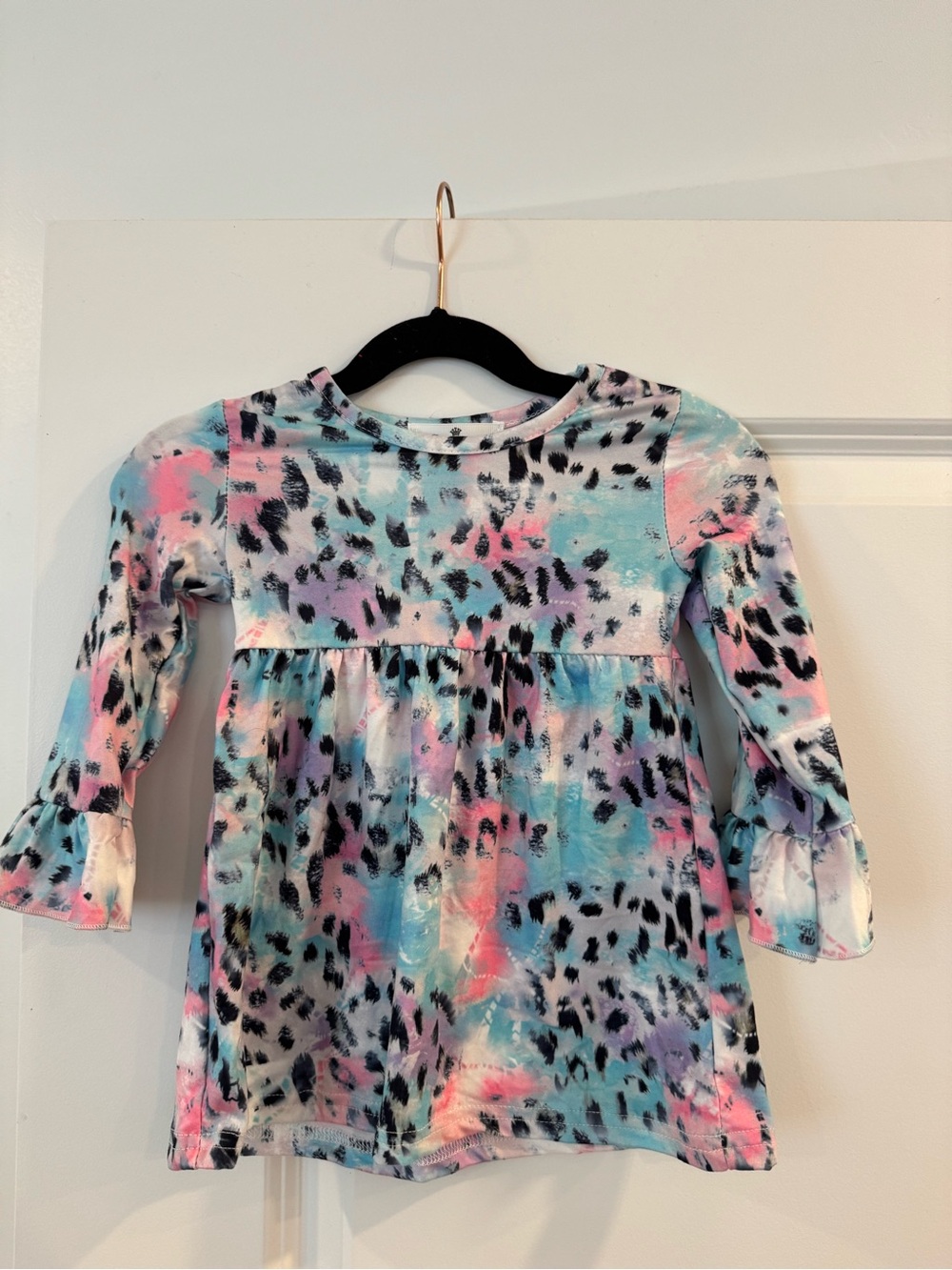 Kids' Pastel Multicolor Leopard Print Long-Sleeve Dress